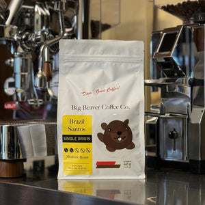 front side of big beaver coffee co brazil santos beans bag light roast 463 grams