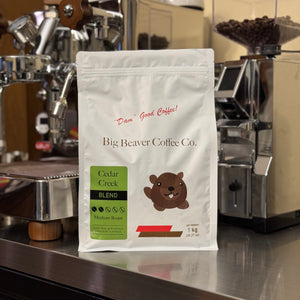front side of big beaver coffee co cedar creek blend beans bag light roast 1000 grams