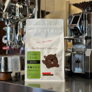 front side of big beaver coffee co cedar creek blend beans bag light roast 463 grams