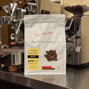 front side of big beaver coffee co colombia sugarcane decaf beans bag medium roast 1000 grams