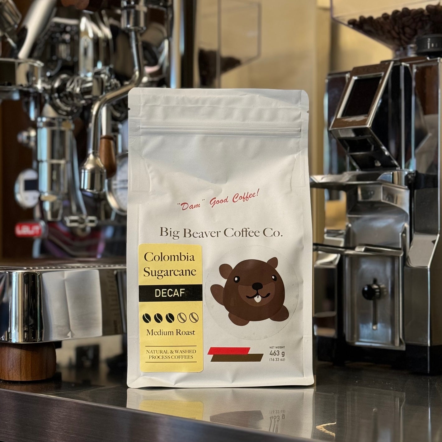front side of big beaver coffee co colombia sugarcane decaf beans bag medium roast 463 grams