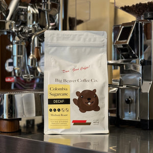 front side of big beaver coffee co colombia sugarcane decaf beans bag medium roast 463 grams