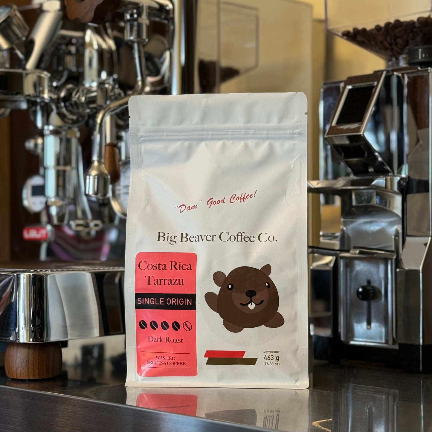front side of big beaver coffee co costa rica tarrazu beans bag dark roast 463 grams