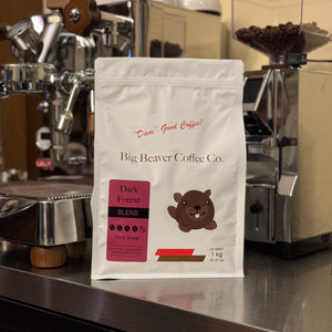 front side of big beaver coffee co dark forest blend beans bag dark roast 1000 grams