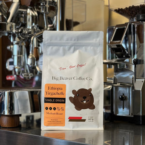 front side of big beaver coffee co ethiopia yirgacheffe beans bag medium roast 463 grams