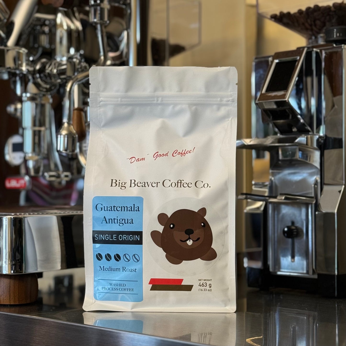 front side of big beaver coffee co guatemala antigua beans bag medium roast 463 grams