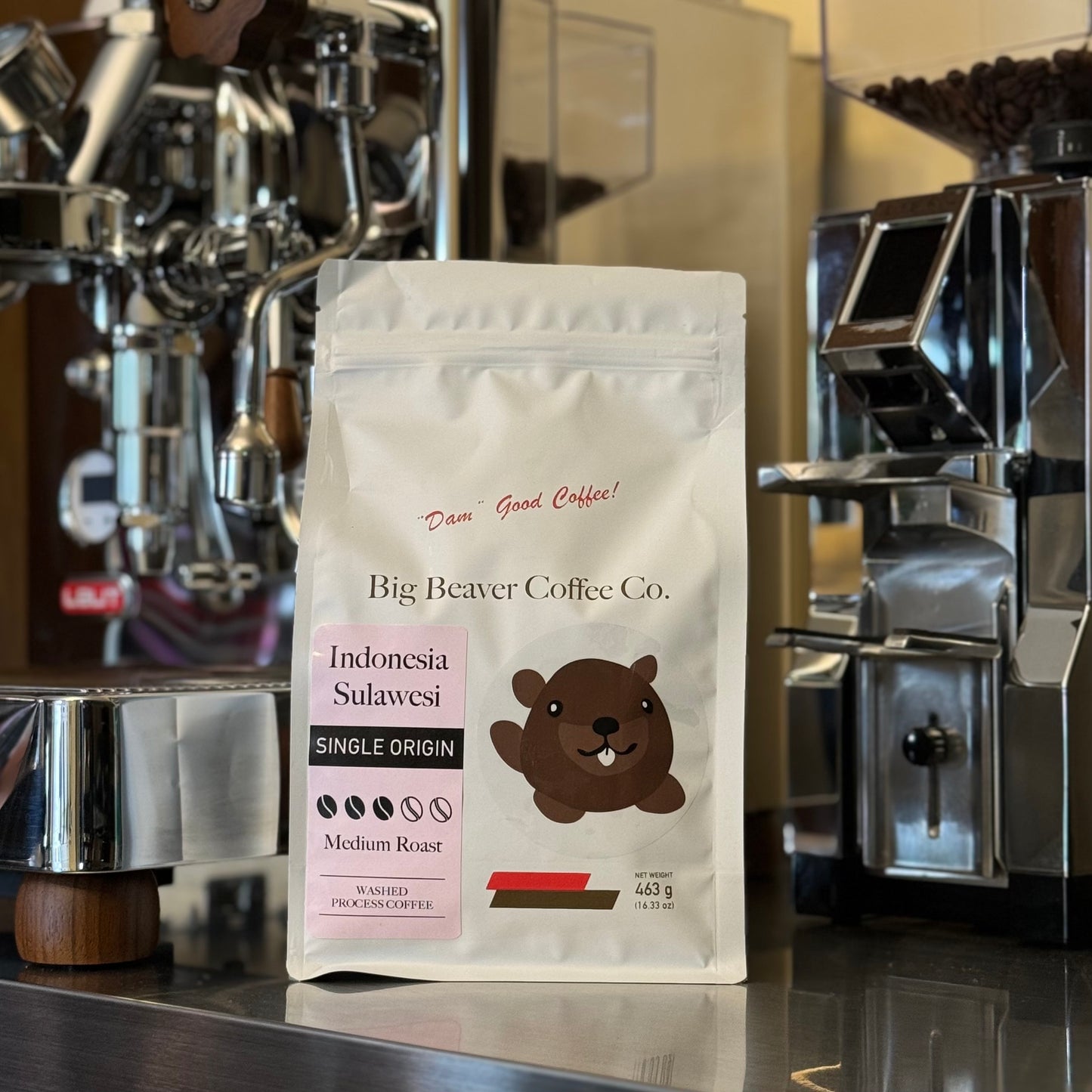 front side of big beaver coffee co indonesia sulawesi beans bag dark roast 463 grams