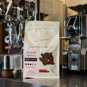 front side of big beaver coffee co indonesia sulawesi beans bag dark roast 463 grams