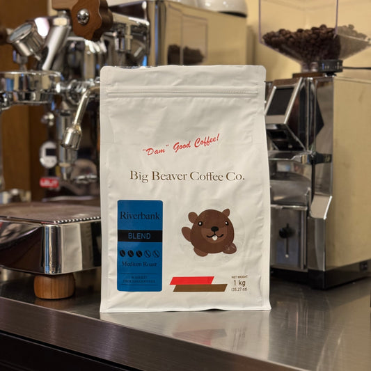 front side of big beaver coffee co riverbank blend beans bag medium roast 1000 grams