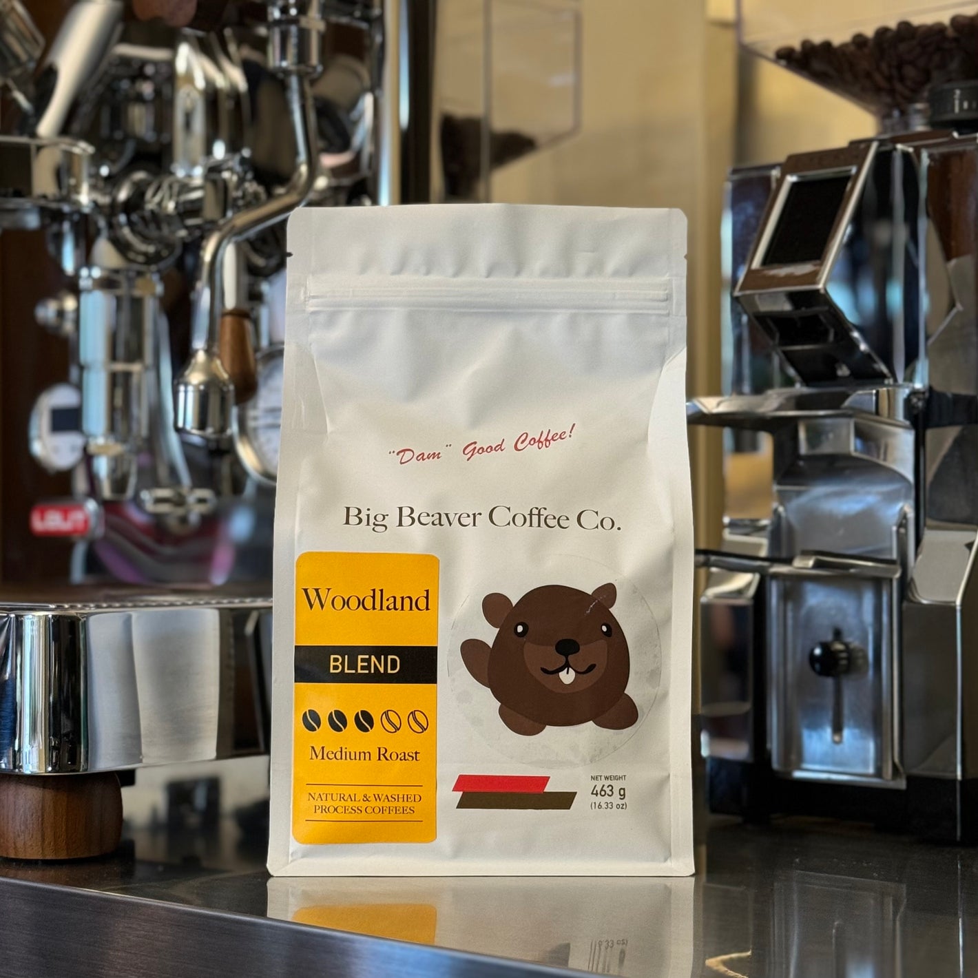 front side of big beaver coffee co woodland blend beans bag medium roast 463 grams