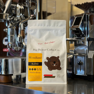 front side of big beaver coffee co woodland blend beans bag medium roast 463 grams